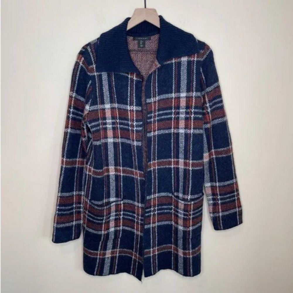 Tahari Plaid Wool Blend Long Open Front Collared Knit Cardigan Sweater (NWT)